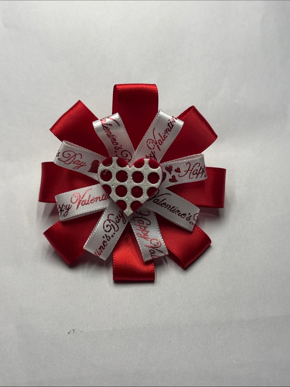 Valentine's Red & White Ribbon Heart Hair Bow
